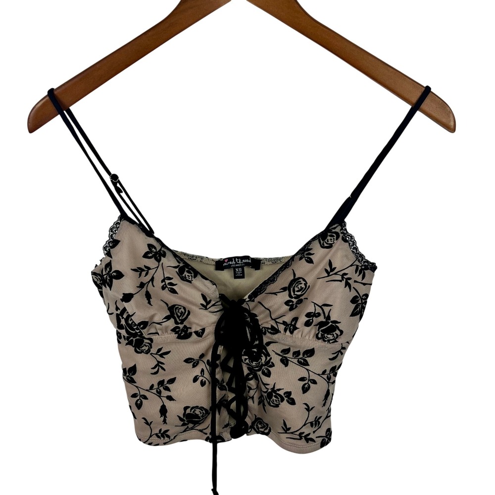 Velvet Mesh Lace Up Top Lace Trim XS Tie Front Dark Cottagecore Whimsigoth